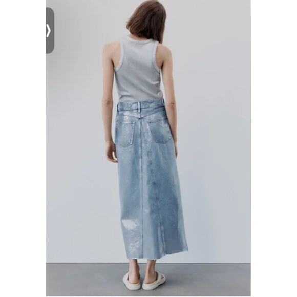 Zara Metallic Denim Skirt Coated Silver Maxi Asymmetric w/ Slit Futuristic NWT S - Picture 3 of 10